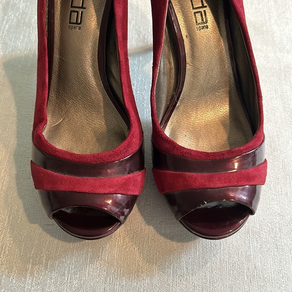 Moda Two Tone Red Heel Open Peep Toe Suede Patent Leather Pumps Sz 8 Womens - Picture 5 of 14
